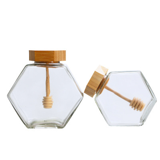 high quality 100ml 220ml 380ml Honey Glass Jar Hexagonal Honey Glass Jar With Dipper Bee Mini Honey Pot