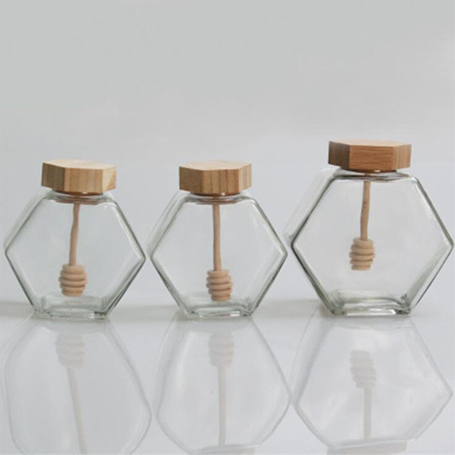 high quality 100ml 220ml 380ml Honey Glass Jar Hexagonal Honey Glass Jar With Dipper Bee Mini Honey Pot