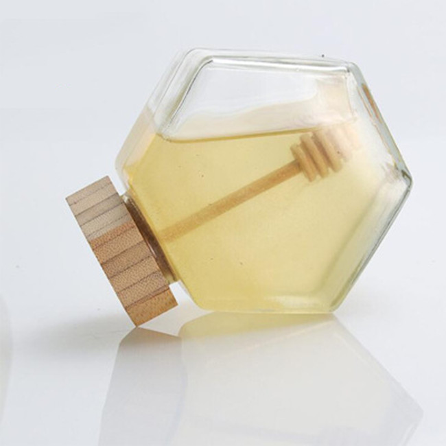 high quality 100ml 220ml 380ml Honey Glass Jar Hexagonal Honey Glass Jar With Dipper Bee Mini Honey Pot