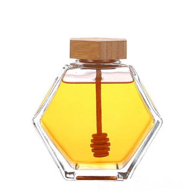 high quality 100ml 220ml 380ml Honey Glass Jar Hexagonal Honey Glass Jar With Dipper Bee Mini Honey Pot