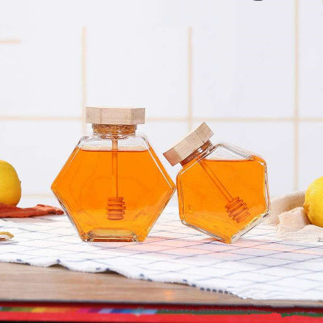 high quality 100ml 220ml 380ml Honey Glass Jar Hexagonal Honey Glass Jar With Dipper Bee Mini Honey Pot