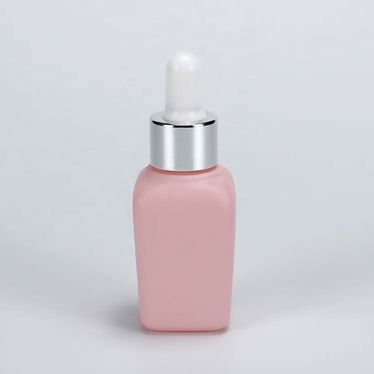 high quality 10ml 20ml 30ml pink square glass dropper bottle with black rubber silver cap with Custom bottle