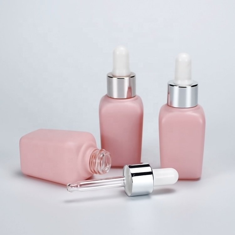 high quality 10ml 20ml 30ml pink square glass dropper bottle with black rubber silver cap with Custom bottle
