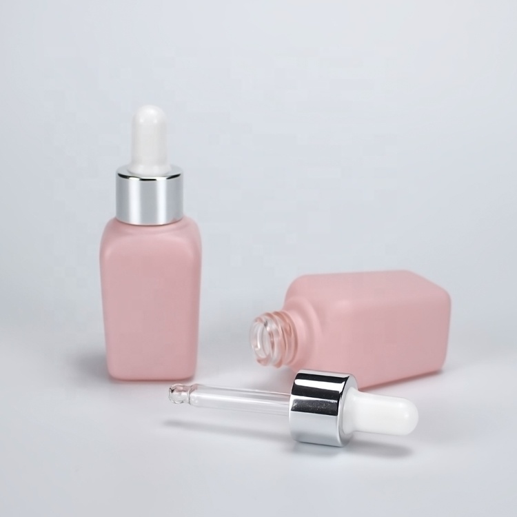 high quality 10ml 20ml 30ml pink square glass dropper bottle with black rubber silver cap with Custom bottle