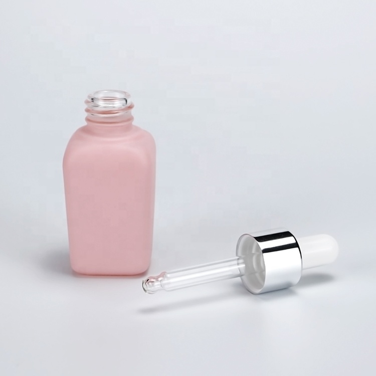 high quality 10ml 20ml 30ml pink square glass dropper bottle with black rubber silver cap with Custom bottle