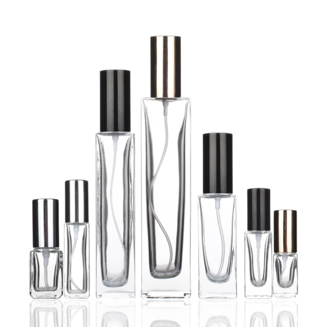 high quality 10ml 30ml 50ml 100ml glass clear square perfume spray bottle essential oil container customizable with silver cap
