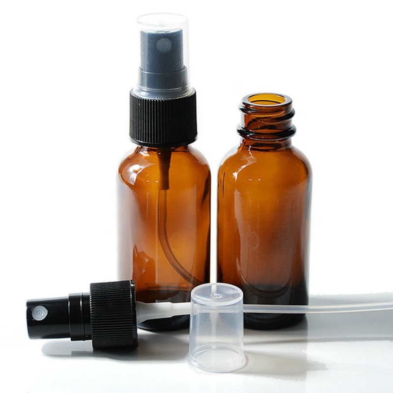 high quality 15ml 30ml 60ml 4oz 120ml 240ml 480ml brown blue boston round glass bottle with black plastic mist sprayer cap