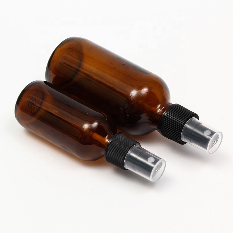 high quality 15ml 30ml 60ml 4oz 120ml 240ml 480ml brown blue boston round glass bottle with black plastic mist sprayer cap