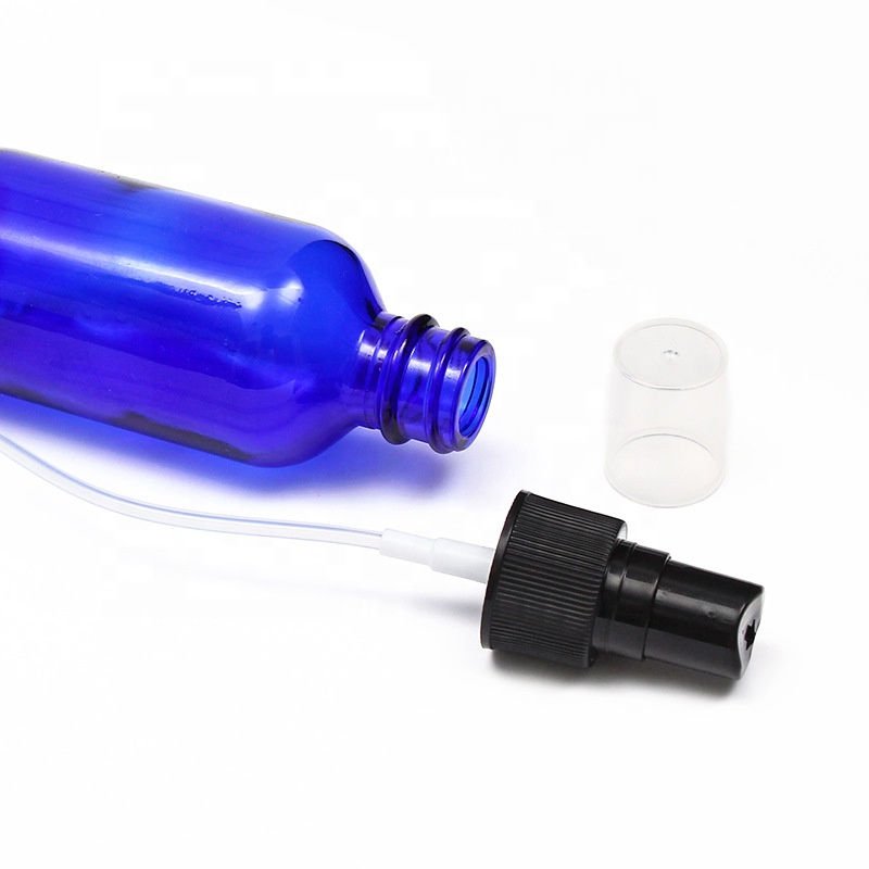 high quality 15ml 30ml 60ml 4oz 120ml 240ml 480ml brown blue boston round glass bottle with black plastic mist sprayer cap