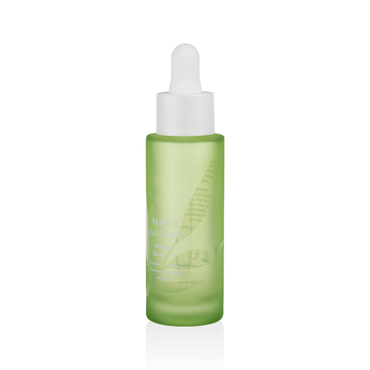 high quality 1oz boost oil green frosted serum glass bottle 5ml 30ml 50ml special silk printing cylinder glass dropper bottle