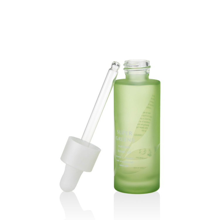 high quality 1oz boost oil green frosted serum glass bottle 5ml 30ml 50ml special silk printing cylinder glass dropper bottle