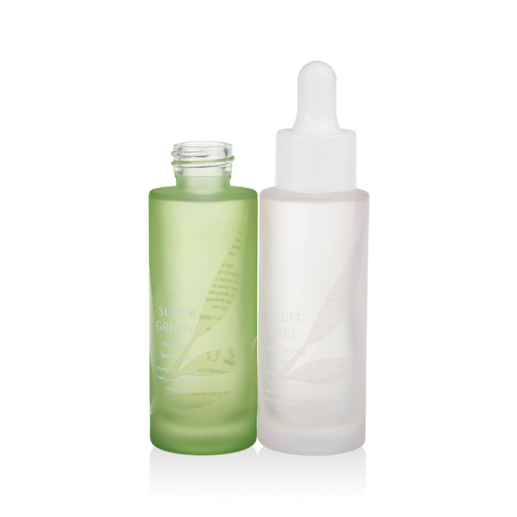 high quality 1oz boost oil green frosted serum glass bottle 5ml 30ml 50ml special silk printing cylinder glass dropper bottle
