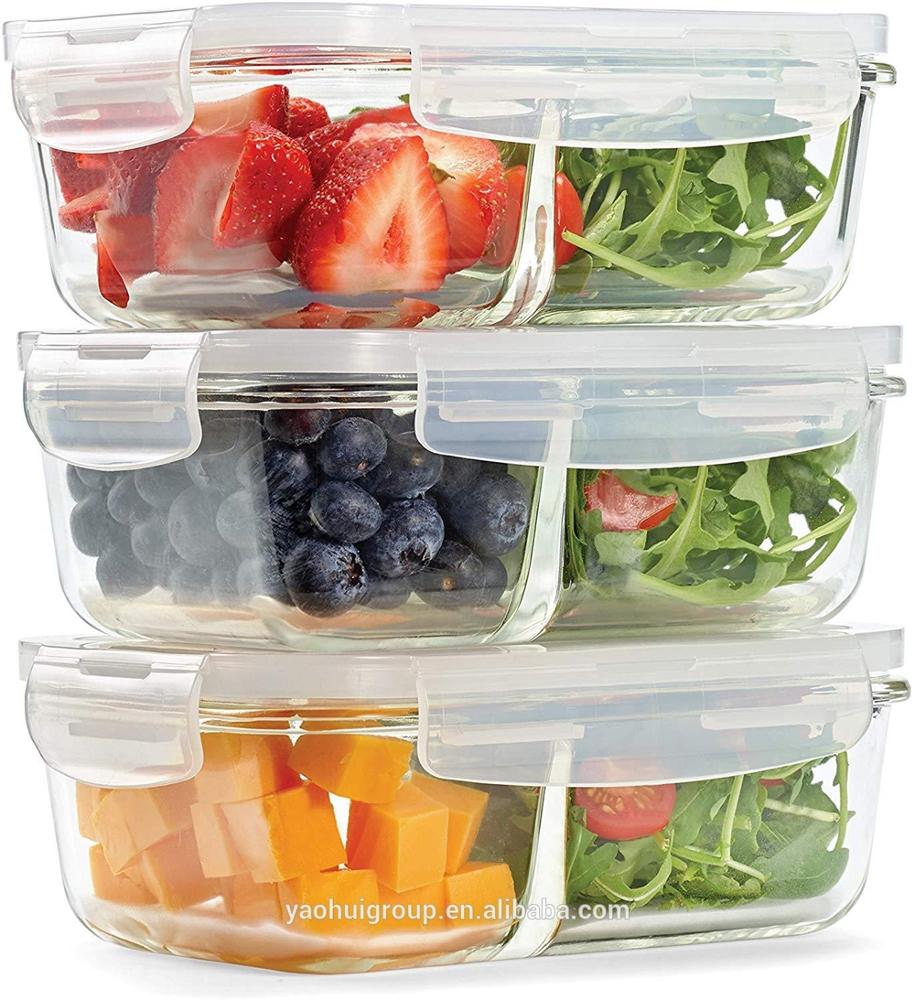 high quality 2 compartment heat-resistant glass food storage container with CE certificate