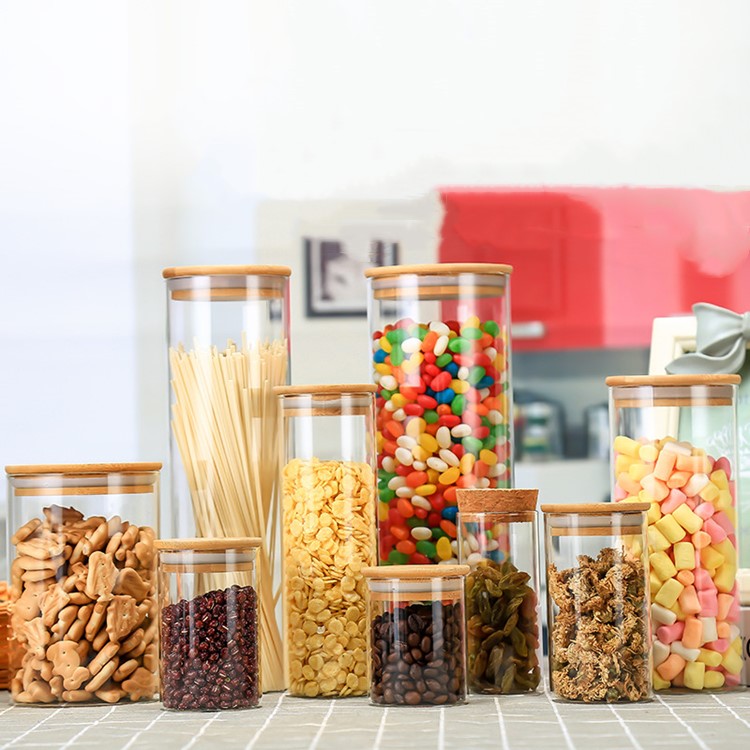 high quality 250ml-1800ml clear cylindrical glass container food jar with bamboo lid