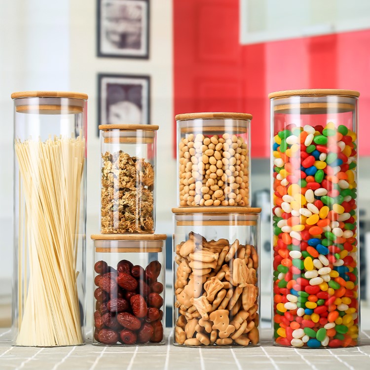 high quality 250ml-1800ml clear cylindrical glass container food jar with bamboo lid