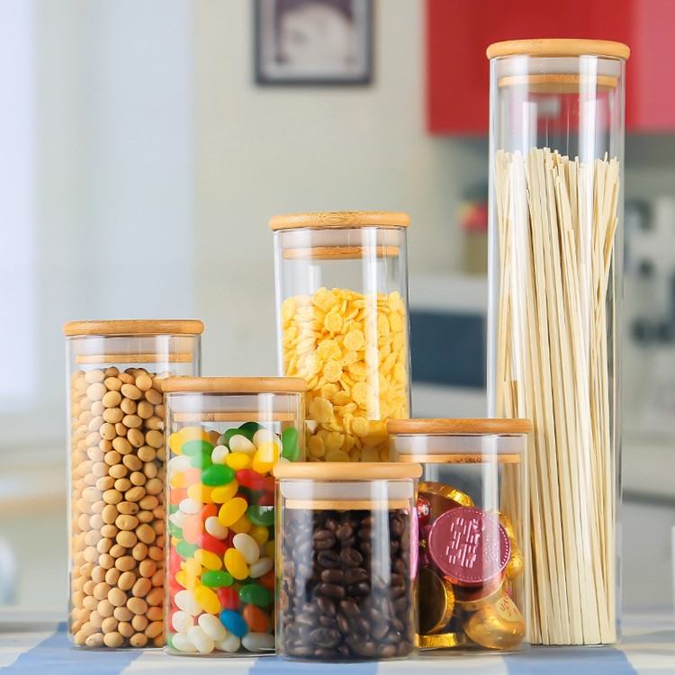 high quality 250ml-1800ml clear cylindrical glass container food jar with bamboo lid
