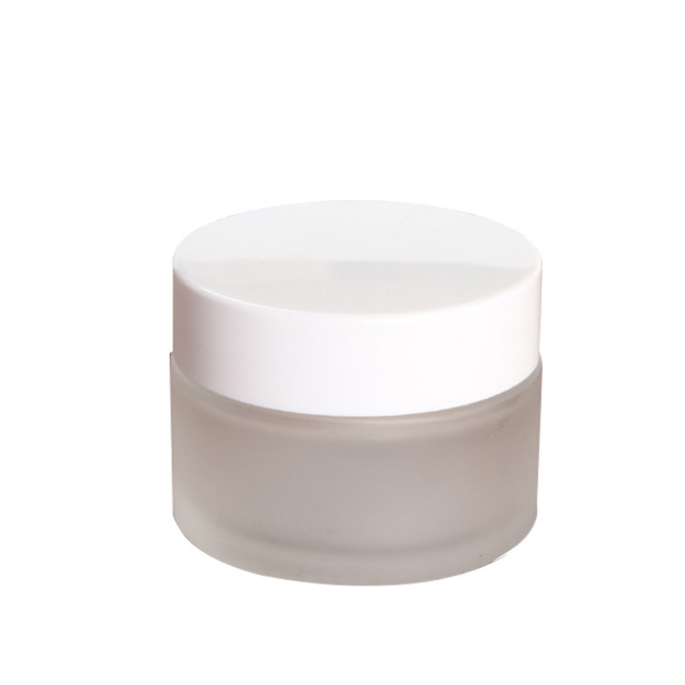 high quality 30 ml 1oz clear frosted cosmetic packaging glass jar with white black plastic cap for skin care cream