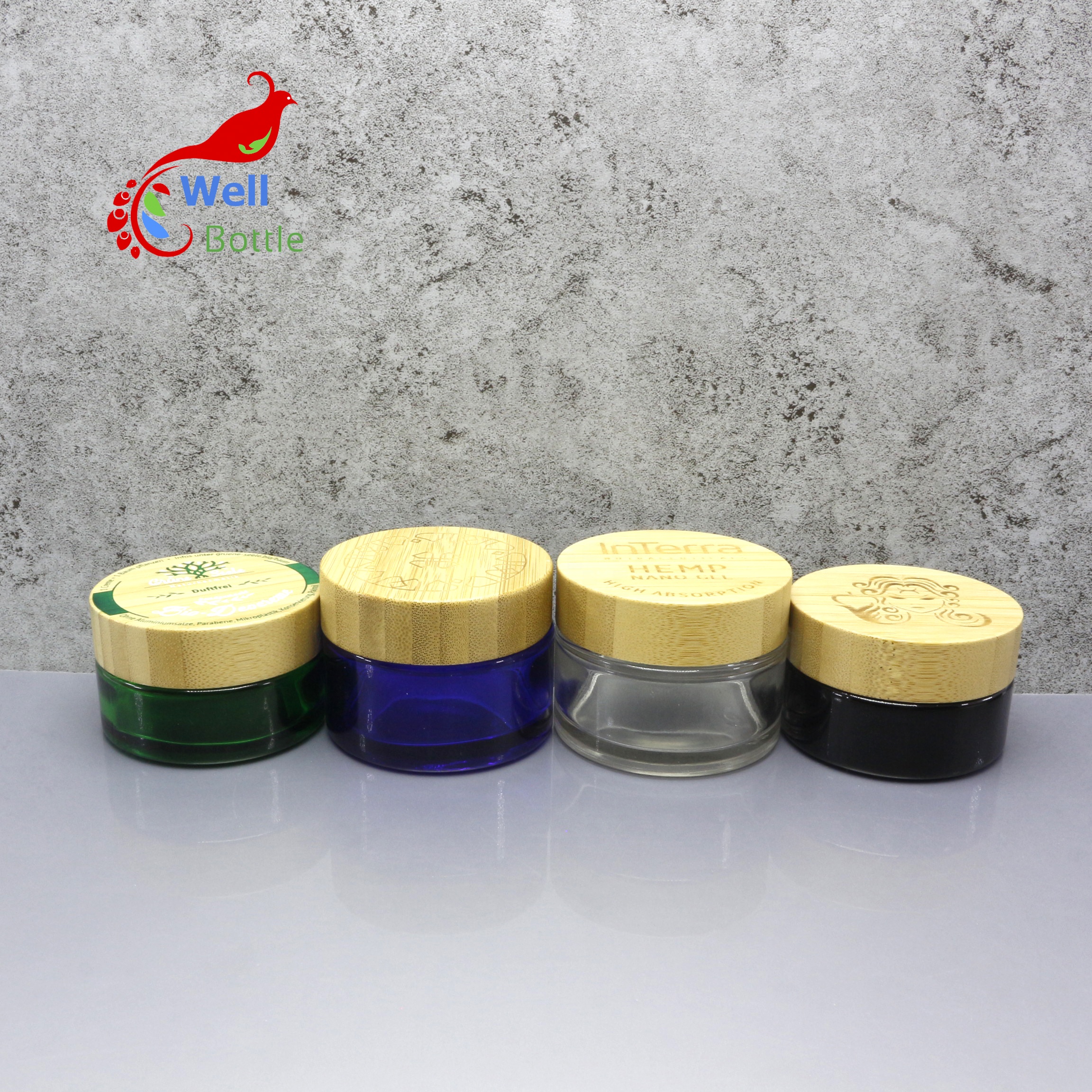 high quality 30g 50g clear frosted green blue glass cosmetic jar with bamboo lid BJ-610C