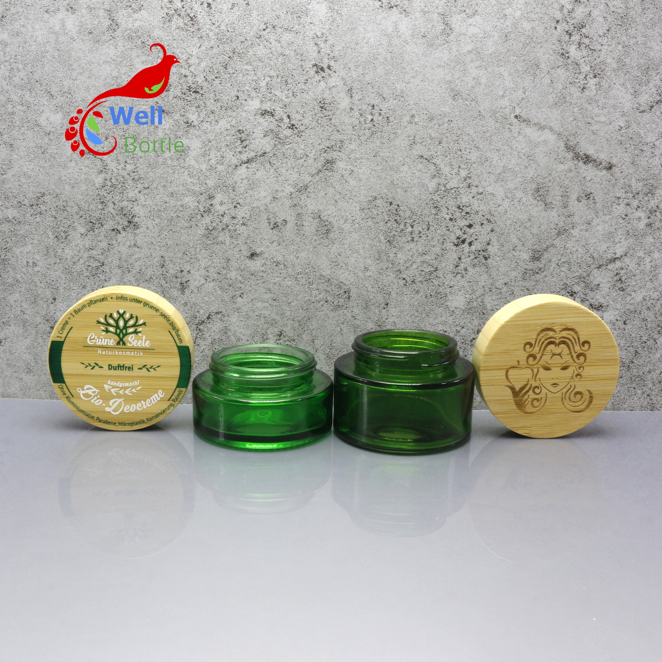 high quality 30g 50g clear frosted green blue glass cosmetic jar with bamboo lid BJ-610C