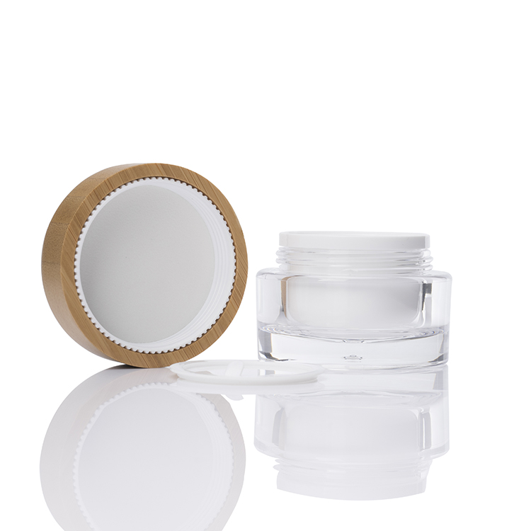 high quality 30g 50g double wall clear face cream empty acrylic cosmetic jar with bamboo lid 30ml 50ml cosmetic packaging jar