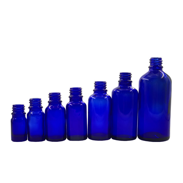 high quality 5ml 10ml 15ml 20ml 30ml 50ml 100ml round blue essential oil glass bottle with dropper cap