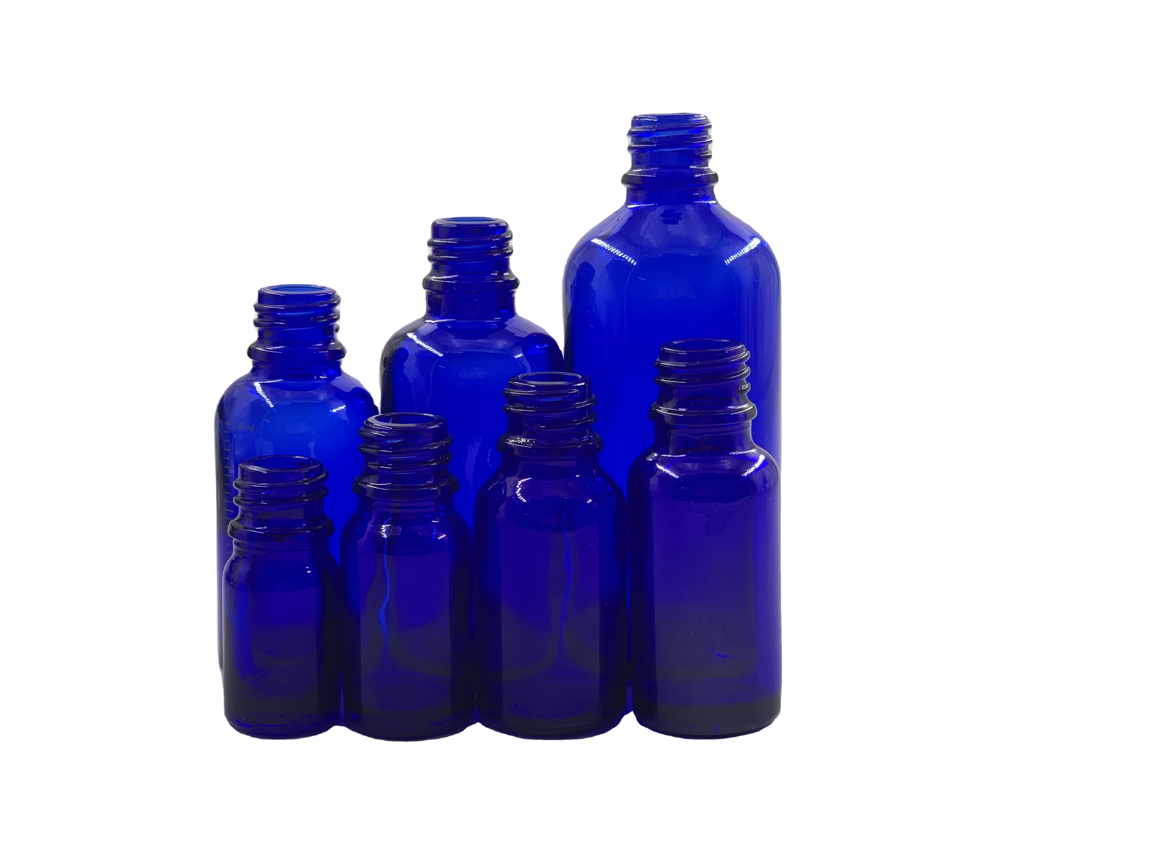 high quality 5ml 10ml 15ml 20ml 30ml 50ml 100ml round blue essential oil glass bottle with dropper cap