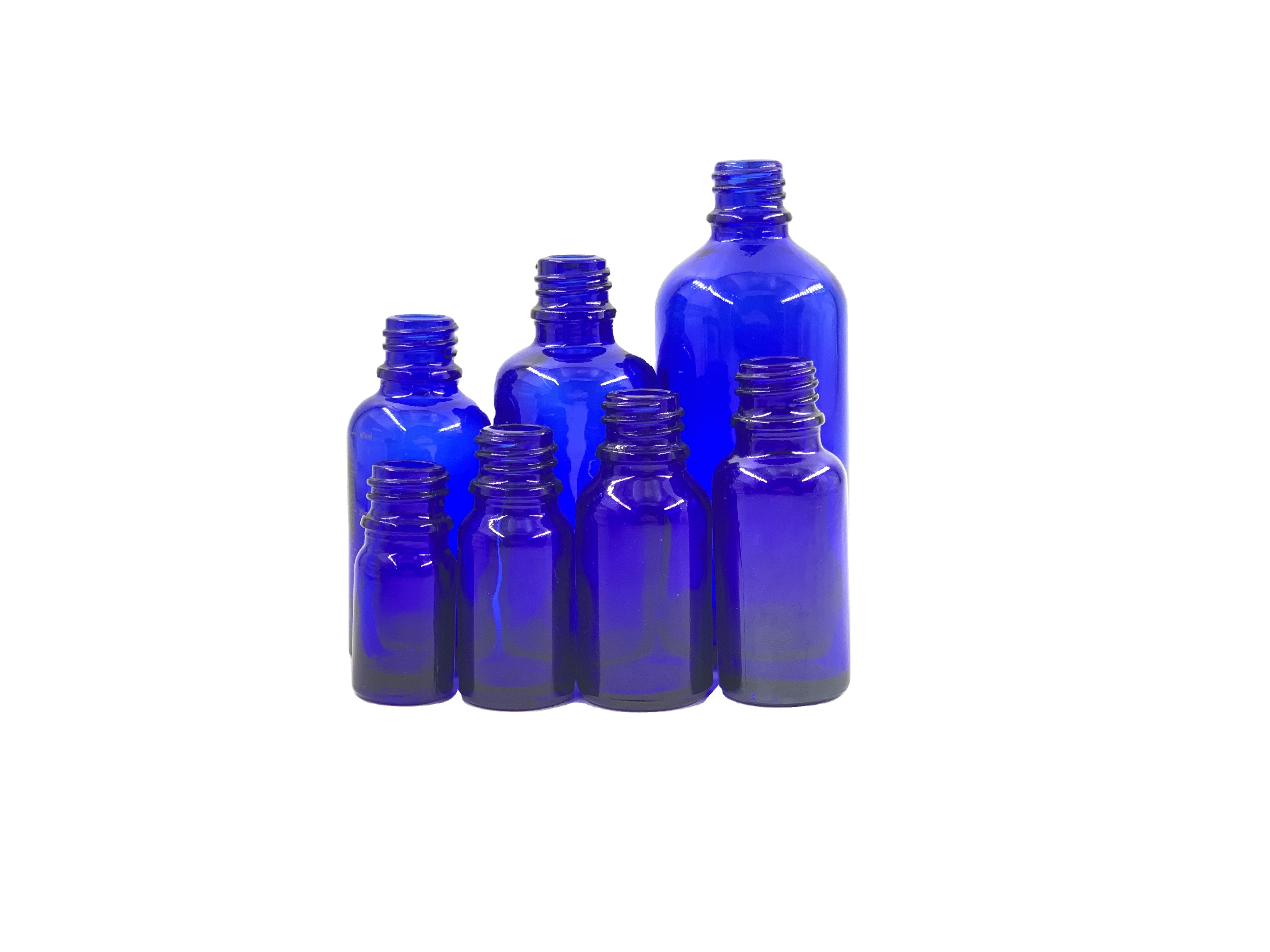 high quality 5ml 10ml 15ml 20ml 30ml 50ml 100ml round blue essential oil glass bottle with dropper cap