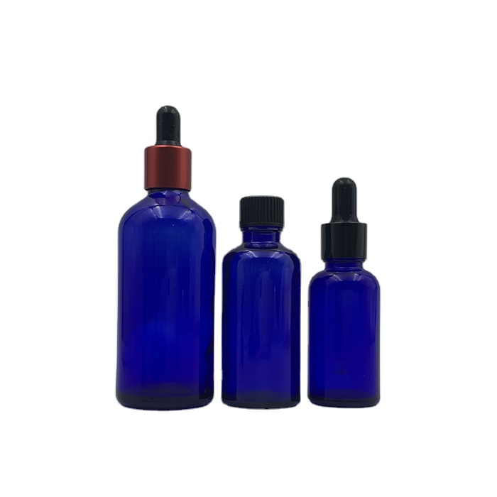 high quality 5ml 10ml 15ml 20ml 30ml 50ml 100ml round blue essential oil glass bottle with dropper cap