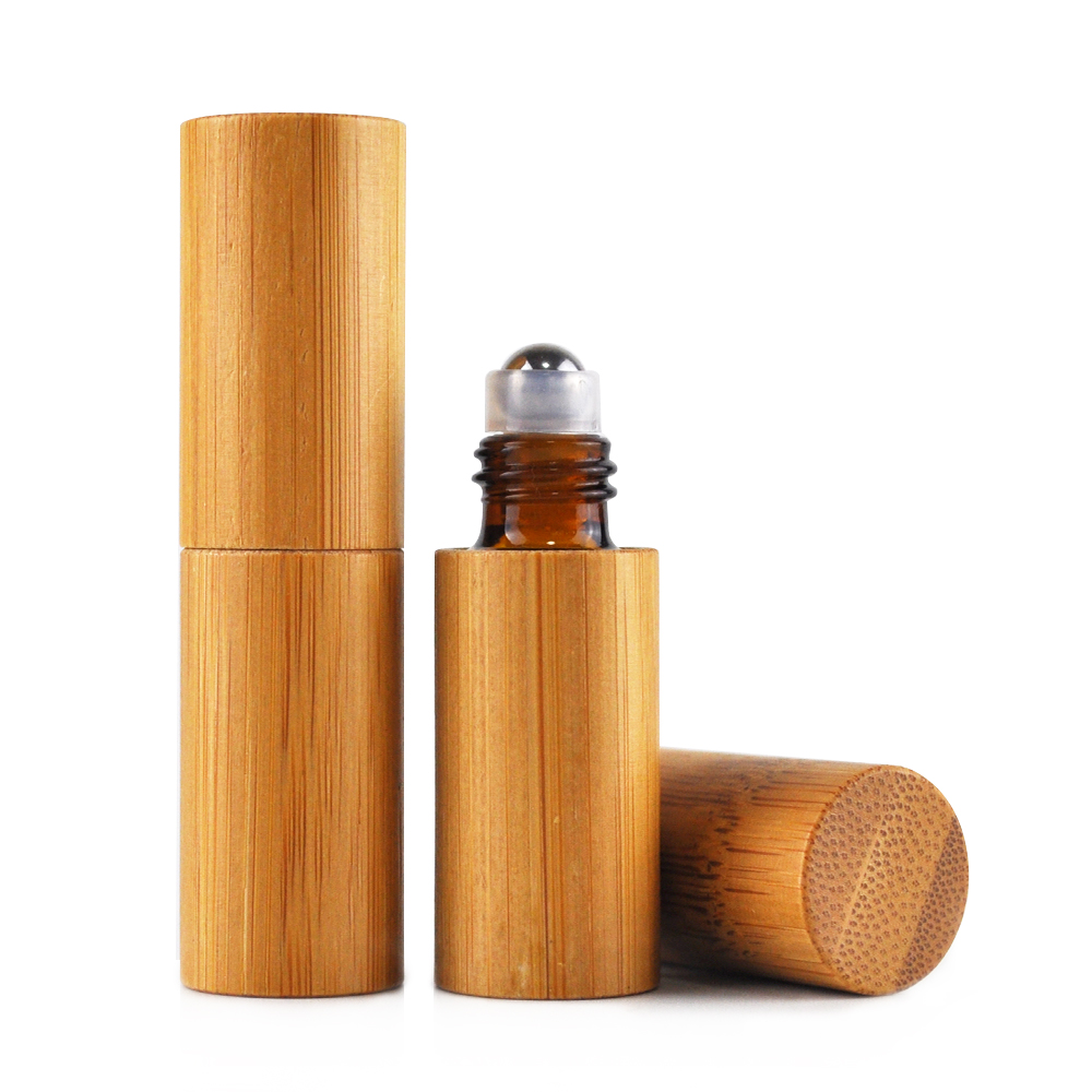high quality 5ml 10ml double ended roller bottle with stainless steel roller and glass roller bamboo packaging container