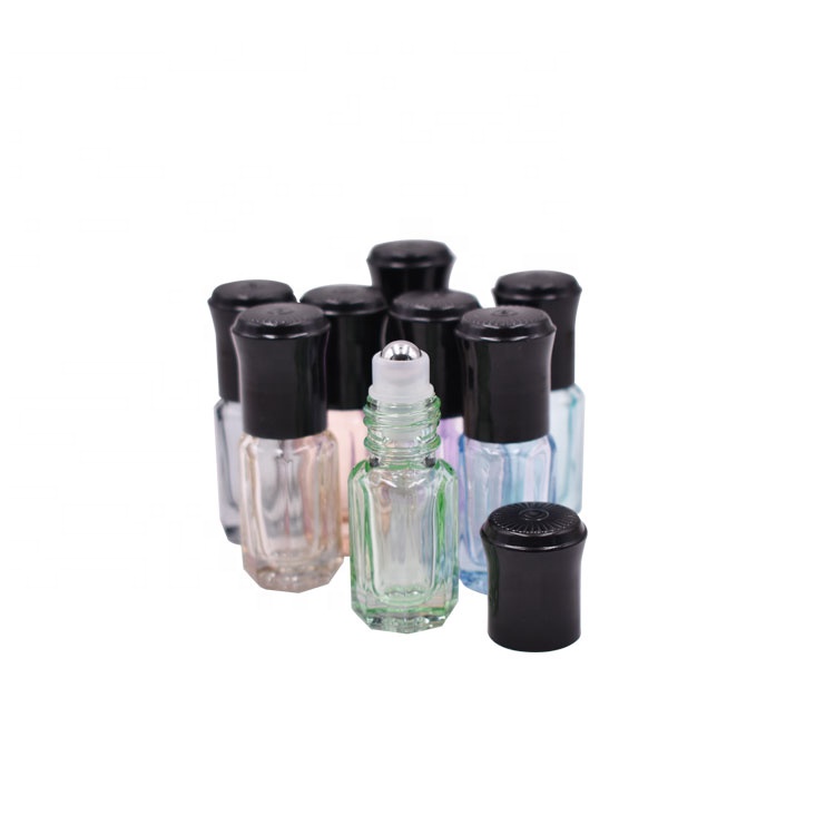 high quality colorful octangle shape mini 3ml glass cosmetic roll on bottle for perfume
