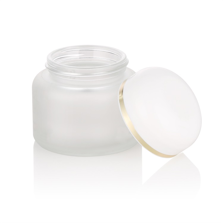 high quality cosmetic glass container 2oz 60g 60ml clear frosted night cream mask glass jar with glossy white plastic screw lid