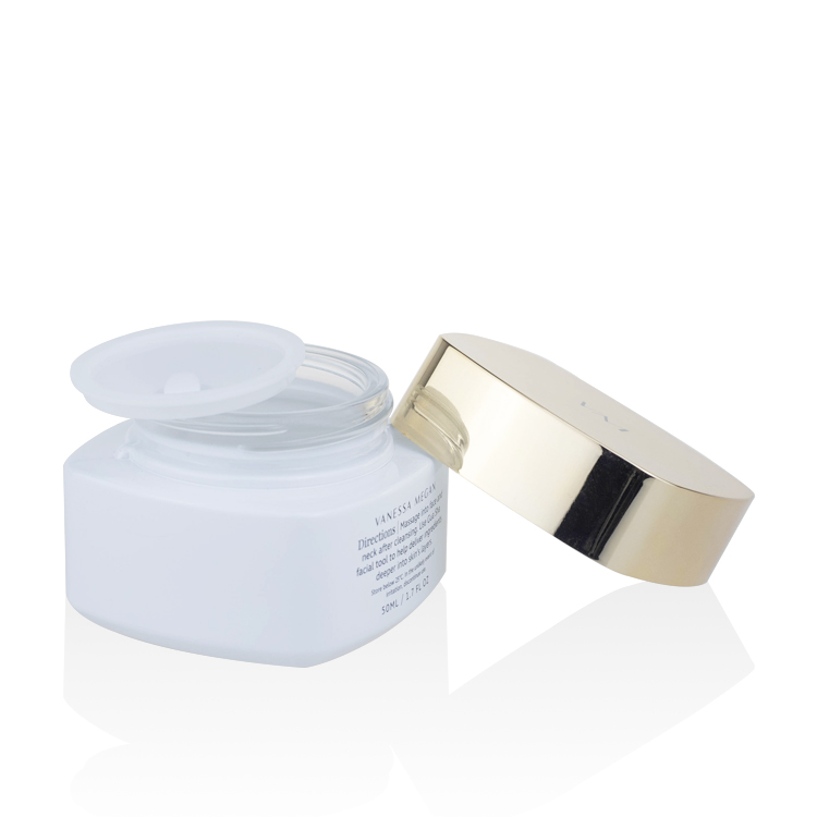 high quality empty cosmetic jars 50ml 50g custom logo skin care repair cream white square glass jar with gold aluminum lid