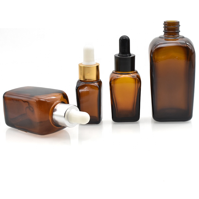 high quality empty cosmetic packaging 10ml 20ml 30ml 50ml 100ml dark amber color glass square essential oil bottle
