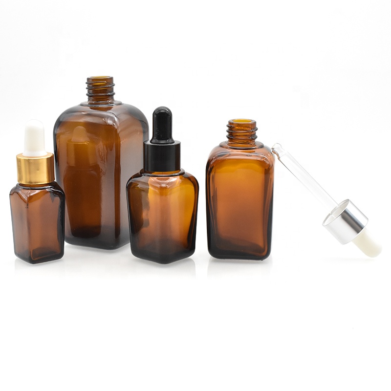 high quality empty cosmetic packaging 10ml 20ml 30ml 50ml 100ml dark amber color glass square essential oil bottle