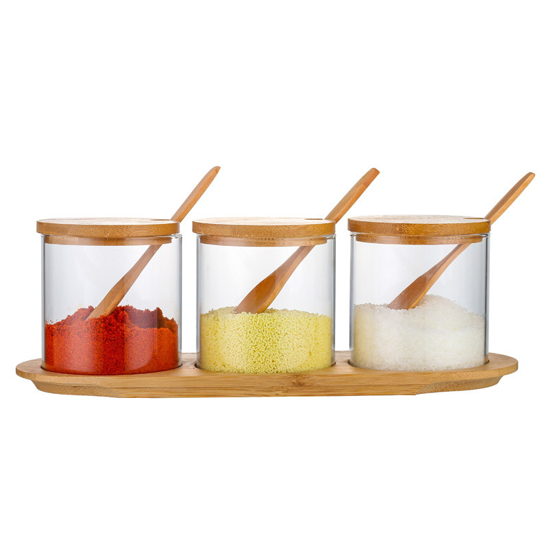 high quality family kitchen Spice glass jar set Salt &pepper container with bamboo lid and spoon
