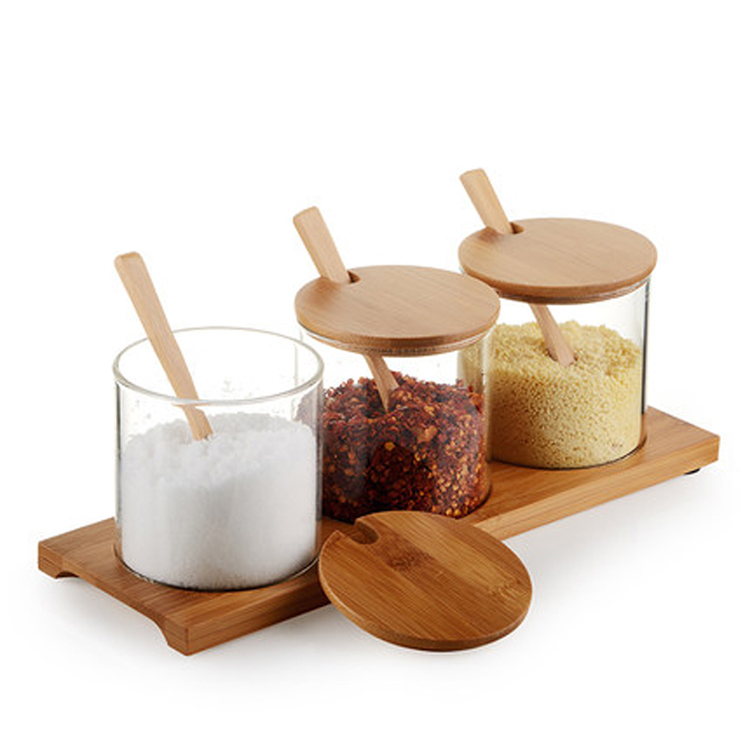 high quality family kitchen Spice glass jar set Salt &pepper container with bamboo lid and spoon
