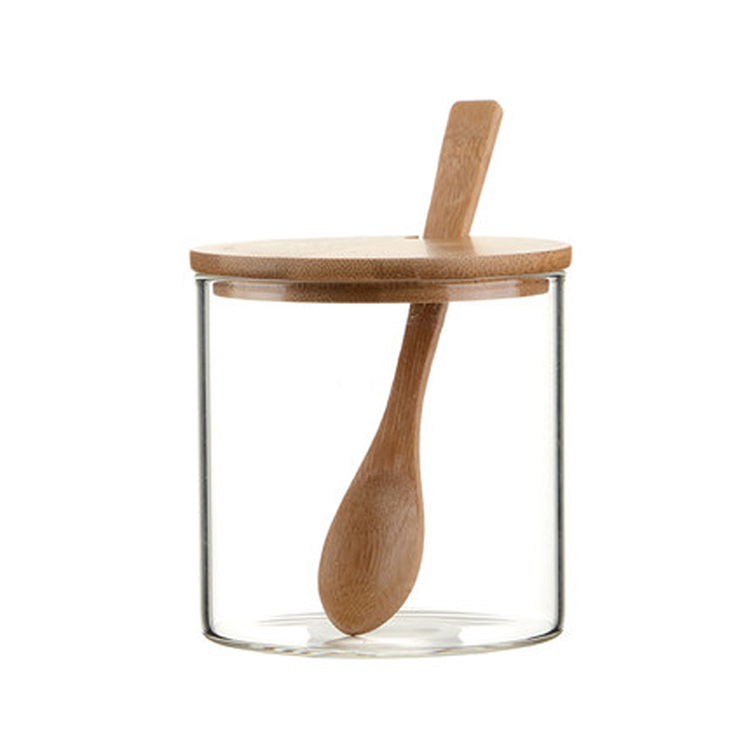 high quality family kitchen Spice glass jar set Salt &pepper container with bamboo lid and spoon