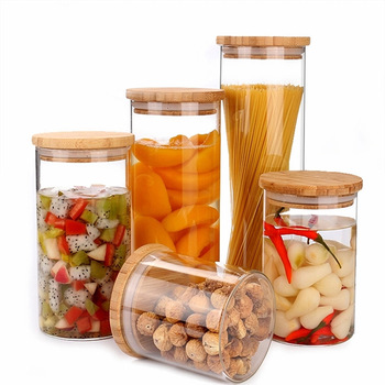 high quality heat resistant borosilicate clear cylindrical glass container food jar with bamboo lid