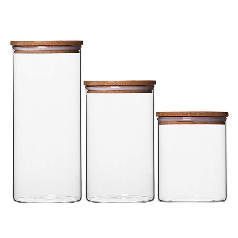 high quality heat resistant borosilicate clear cylindrical glass container food jar with bamboo lid