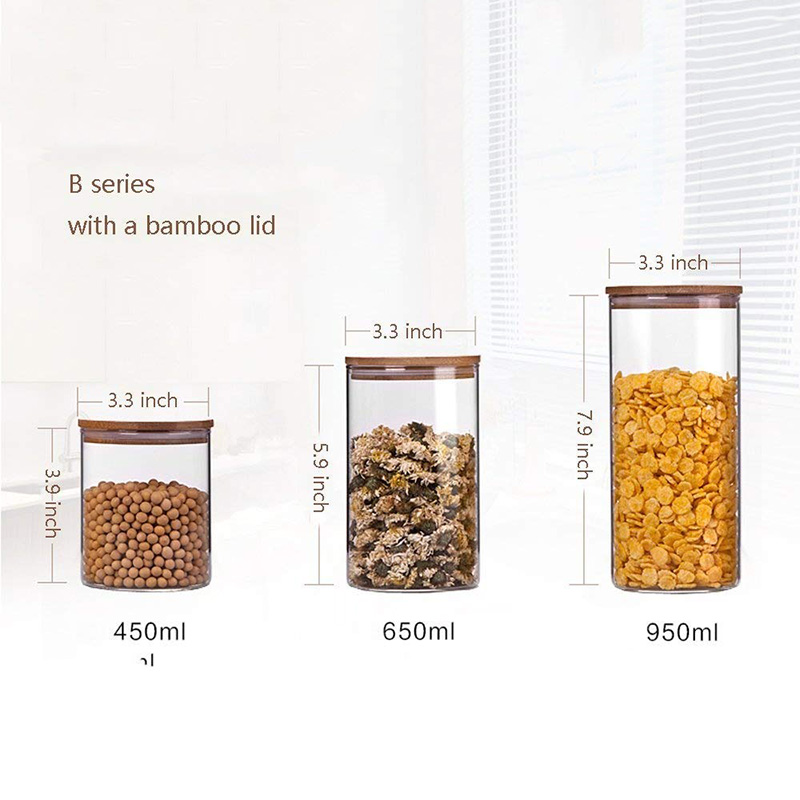 high quality heat resistant borosilicate clear cylindrical glass container food jar with bamboo lid