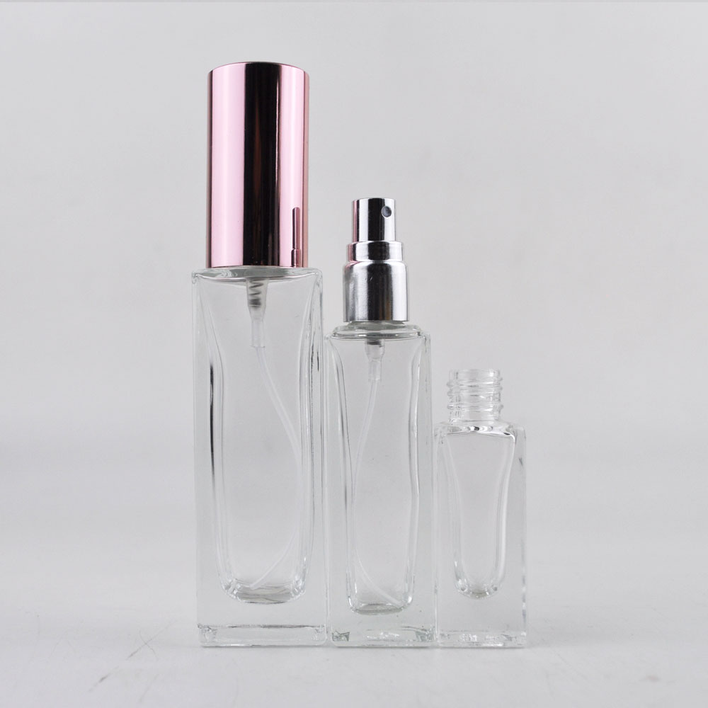 high quality luxury square perfume clear glass bottle 15ml 30ml with rose gold pump
