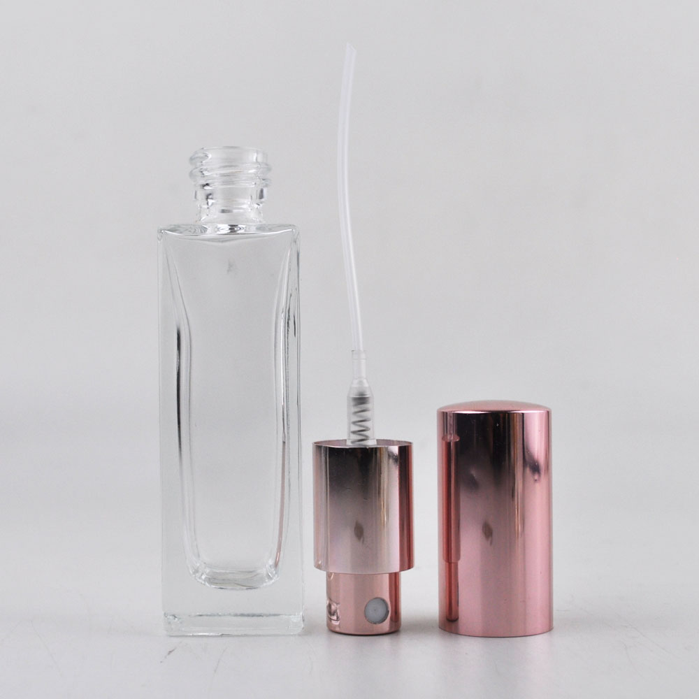 high quality luxury square perfume clear glass bottle 15ml 30ml with rose gold pump