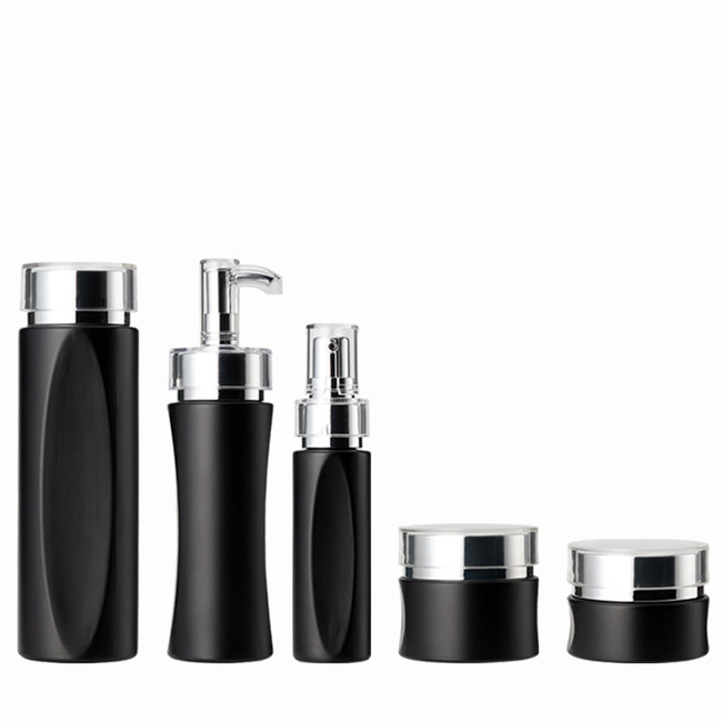 high quality skin care cosmetic  packaging black cosmetic glass bottle and jar luxury cosmetic packaging set