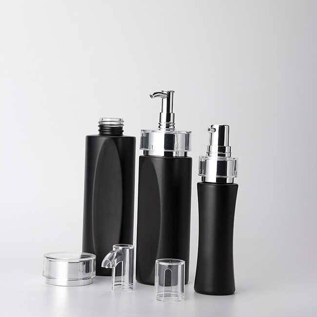 high quality skin care cosmetic packaging black cosmetic glass bottle and jar luxury cosmetic packaging set