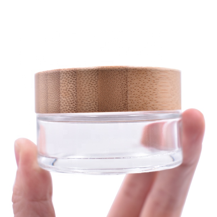 high temperature handling 1oz nature glass jar cosmetic, empty clear bamboo lid glass jar for cream