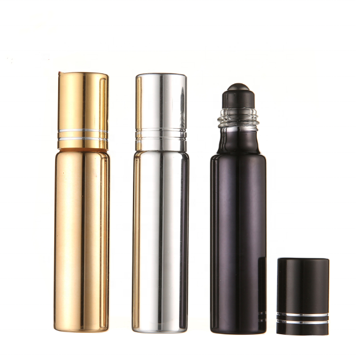 hot sale 10ml matte black glass roll on bottle with stainless steel gold roller ball popular roller bottles