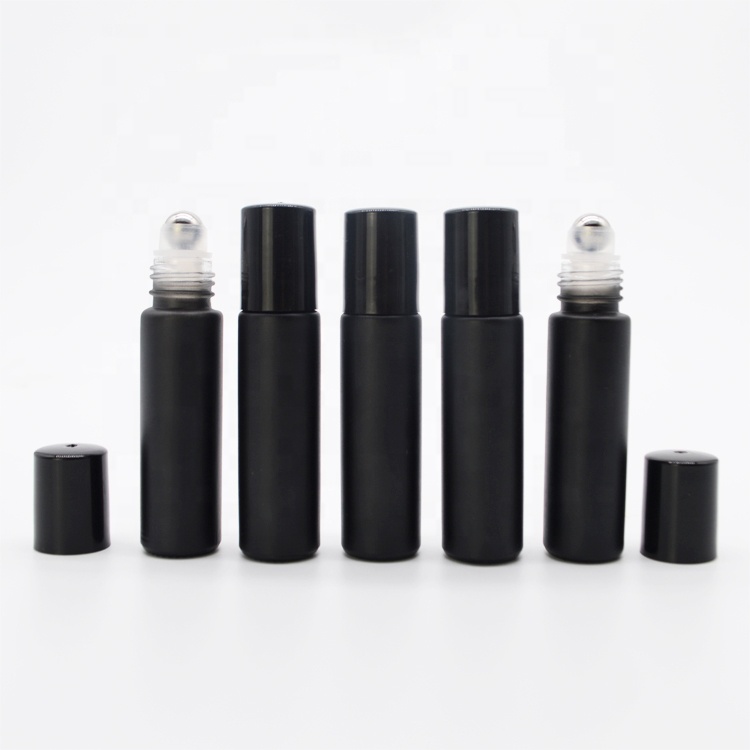 hot sale 10ml matte black glass roll on bottle with stainless steel roller ball popular roller bottles