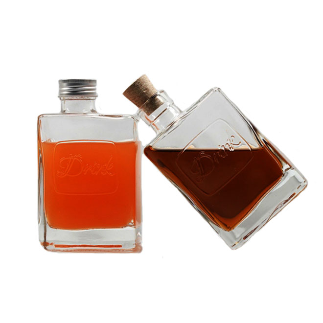 hot sale 300ml high flint square shape glass juice bottle beverage liquor bottle with cork