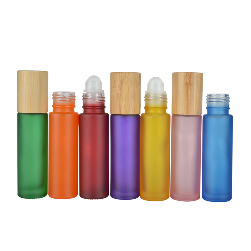 hot sale Perfume Essential oil 10ml pink amber frosted  black clear bamboo roller bottle glass roller bottle with bamboo cap