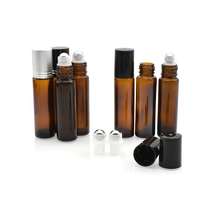 hot sale amber 10 ml roll on bottles with metal glass roller ball plastic screw cap for essential oil perfume cosmetic